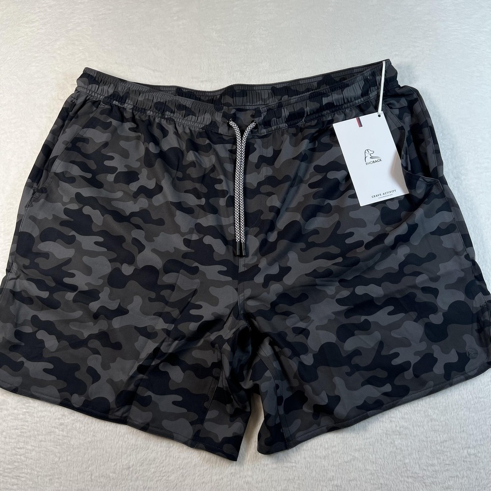 Rhoback Shorts Mens 2XL Gray Camo 7 In Inseam Grit Gym Unlined Stretch Athletic